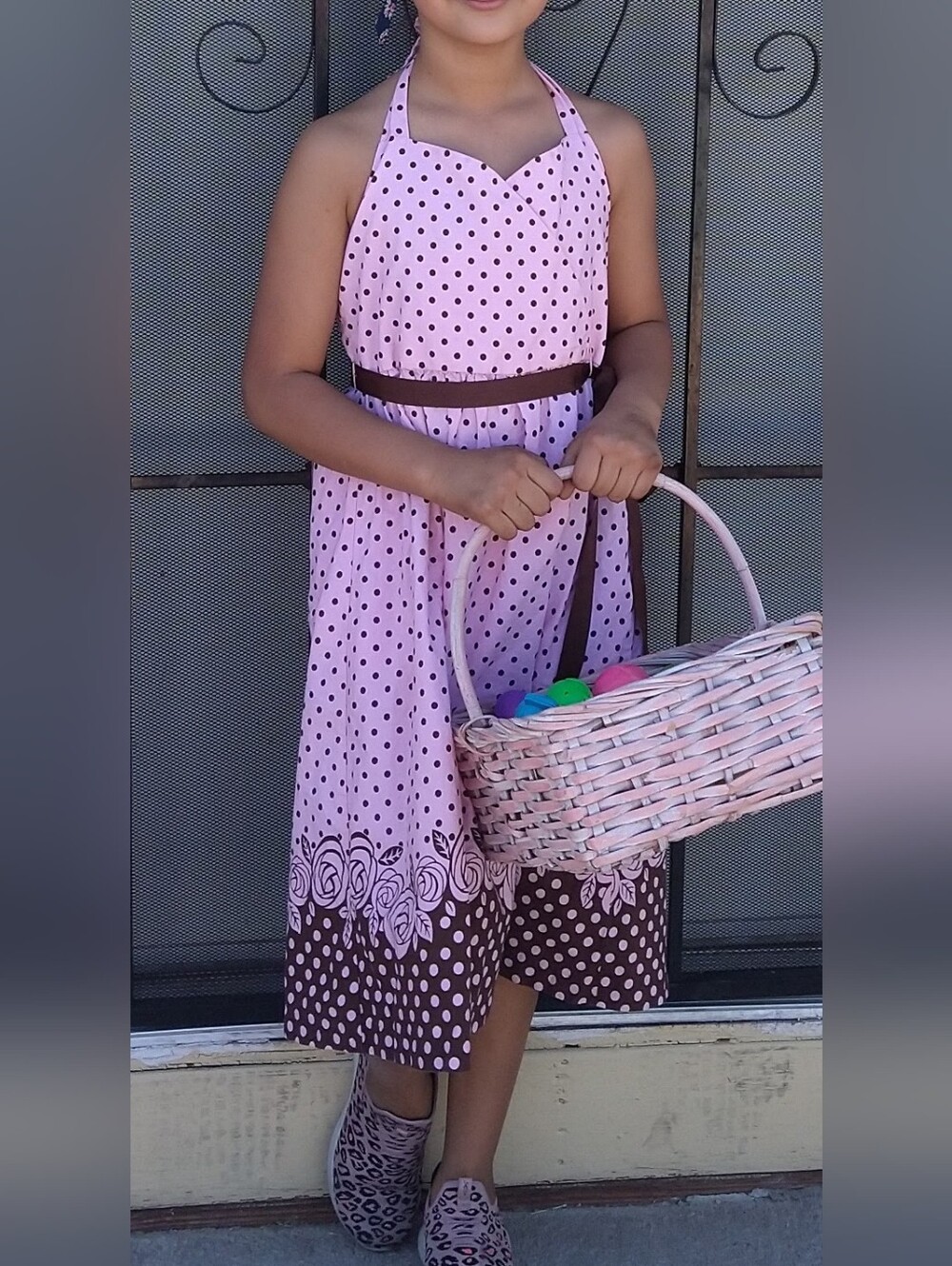 Rare Editions Pink Polka Dot Cotton Halter Dress Brown Accents  Girls 14